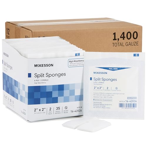 McKesson High Absorbency Split Gauze Sponges 2x2 Inch (1400 Sponges, 20 Box Bulk) - 6-Ply Sterile Tracheostomy & Tube Dressings – Pre-Cut Slit for Drainage & Catheters – 2 per Pack