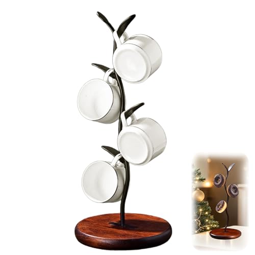 Gevvnss Coffee Mug Holder,Wooden Mug Tree with Thicker Base,Coffee Cup Stand with 4 Hooks,Cup Holder for Counter,Coffee Mug Rack Organizer for Home Kitchen Bar Cafe Accessory