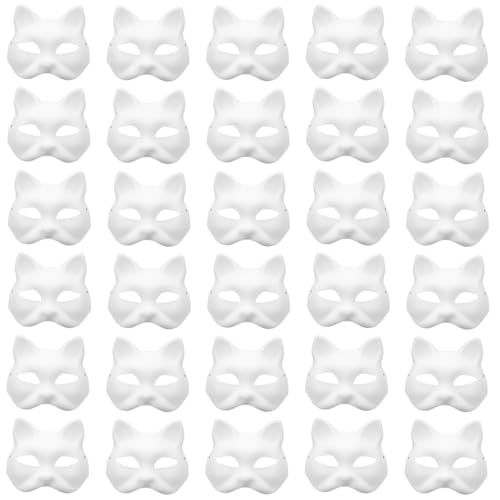 RQPQBO 30Pcs Therian Mask Cat Masks to Paint White Halloween Mask Animal Blank Mask for Holiday Party (30Pcs)
