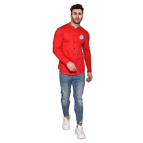 Image of Geum Men's Mandarin Collar Shirt | Slim Fit Full Sleeve Casual Shirt with Printed Chest Logo | Soft Cotton Blend Stylish Button Down for Party, Office