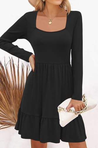 Image of Newshows Women's 2026 Summer Casual Square Neck Ruffle A Line Beach Vacation Sundress Work Business Dress with Pockets