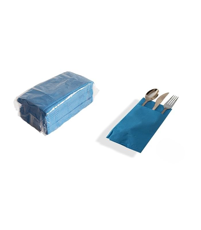 Servilleta canguro 40x40 azul, fabricada en tissue 2 capas, acabado microgofrado, específica para introducir los cubiertos. Paquetes de 30 servilletas.Caja de 20 paquetes de 30 servilletas.