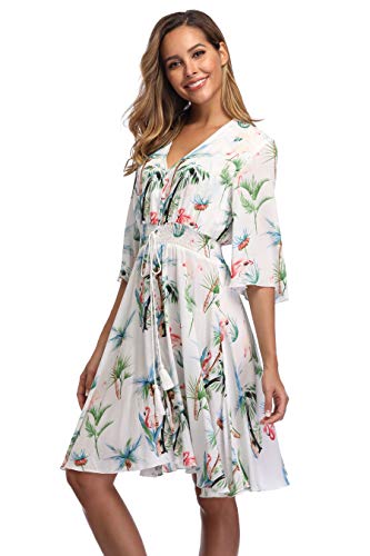 Image of VintageClothing Women's Floral Sundresses Flowy Boho Summer Beach Dress | Lightweight Breathable material,Elegant V Neck and Button Front Design,Flared Bell Sleeve Cut,Mini Casual dress