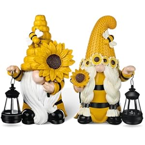 Suzile 2 pack outdoor garden bee gnome decor with solar lights summer sunflower gnomes statue outside figurine for courtyard lawn patio porch decoration housewarming gift  urban country home decor