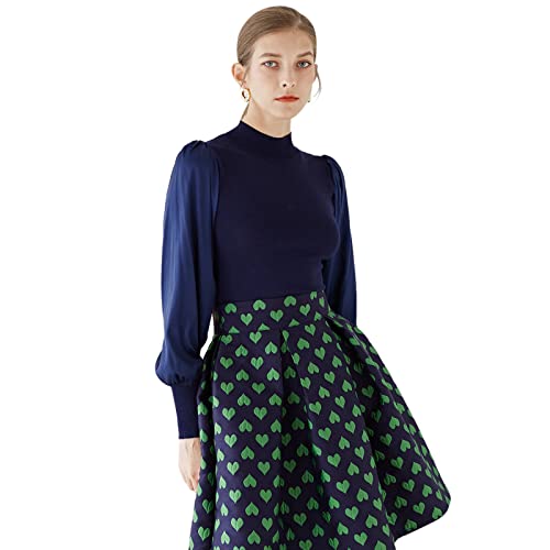 Image of CHICWISH Women's Mock Neck Satin Spliced Bubble Sleeves Knit Top