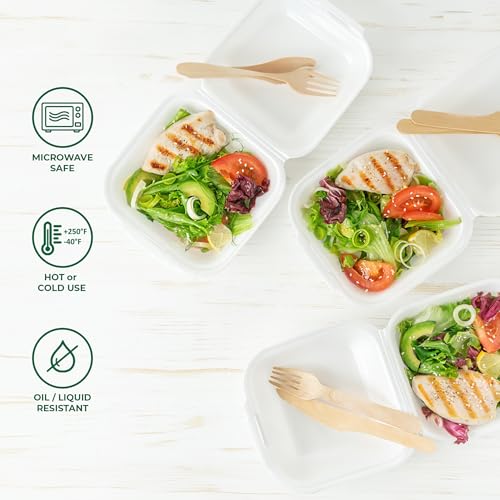 Image of Freshware Clamshell Food Containers with Lids [6x6 500-Pack] Disposable To Go Containers, Biodegradable Sugarcane To Go Boxes - Paper Container - Microwave & Freezer Safe, Stackable