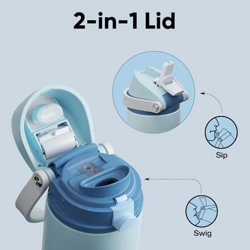Image of Insulated Water Bottle with Straw - Encool Stainless Steel Water Bottle with Push Button Lid, Leak-Proof & BPA-Free, Keeps Cold for 24 Hours for Sports, Travel, Gym (18 oz, Jungle Mist)