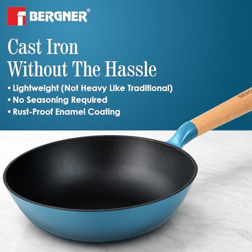 Image of BERGNER Excalibur Lightweight Cast Iron Wok 24cm (2L), Sturdy Wooden Handle, Non-Stick Coating, PFAS Free, Perfect Heat Distribution, Elegant Design - Induction and Gas Stove Ready (Blue)