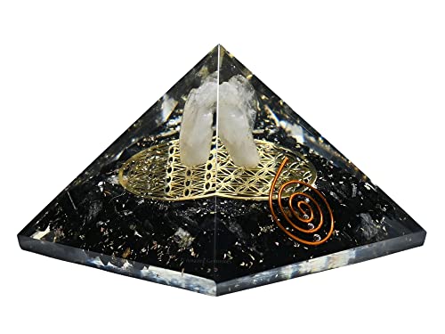 Orgonit-Pyramide mit schwarzem Turmalin und Blume des Lebens
