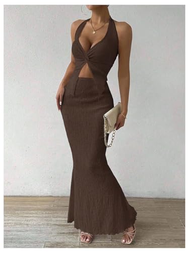 Image of SOLY HUX Women's Two Piece Outfits Twist Front Halter Cami Tops and Skirt Summer Set