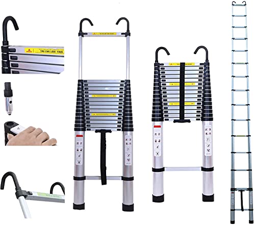 Escalera Telescópica Escamoteable de 6,2 m con Gancho de Seguridad Extraíble, Escalera Telescópica de Aluminio, Extensible, Escalera de Alta Multiusos, Capacidad de 150 kg, Segura y Compacta