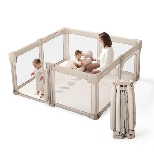 Image of Baby Playpen Portable, Pre-Assembled Play Pen 59x59 Large Foldable Playpen for Babies and Toddlers, Sturdy and Safe Toddler Play Yard Indoor Outdoor with Carry Bag,Khaki