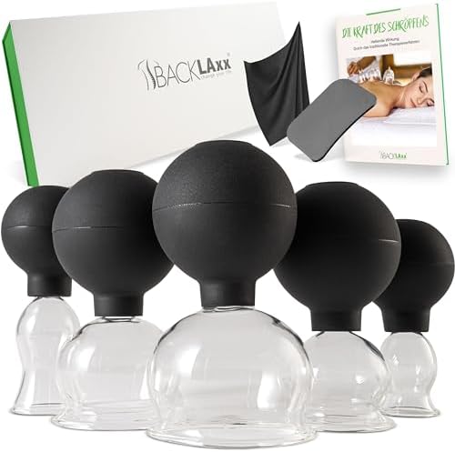BACKLAXX® Schröpfgläser Set aus Echtglas mit Saugball, Cupping Set 5 Stück | Schröpfset für Gesicht & Körper: 5 Schröpfgläser, Saugball, Faszienschaber, Tuch, Face Cupping Massage,
