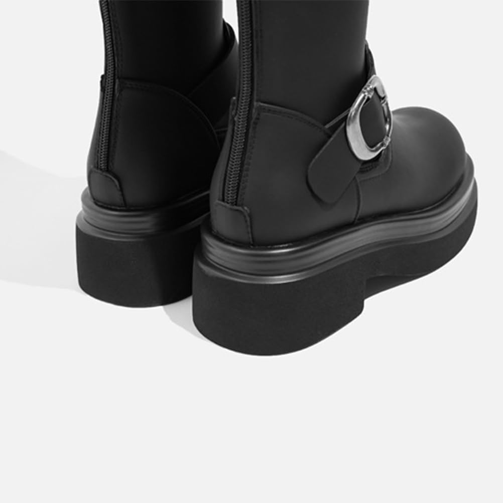 Botas De Montar Mujer Tacón Grueso Punta Redonda A Media Pantorrilla para Otoño Invierno Exterior Y Uso Diario Cuero PU Transpirable Forro Cálido
