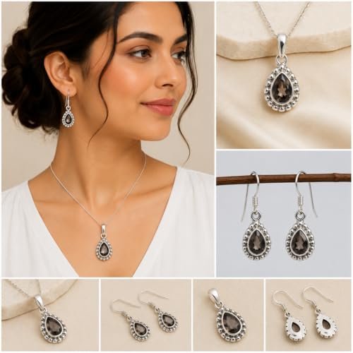 Juego de joyas de cuarzo ahumado mujer plata de ley 925 pendientes hipoalergénicos gemas 2