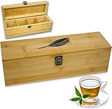 Zen Earth Inspired Bamboo Tea Organizer Box Chemical Free Eco-Friendly Big, Tall, Adjustable Cubbies Natural Wooden Storage Chest (4-Slot Across 14.3' x 4.4' x 4.2' with Tea Leaf design)