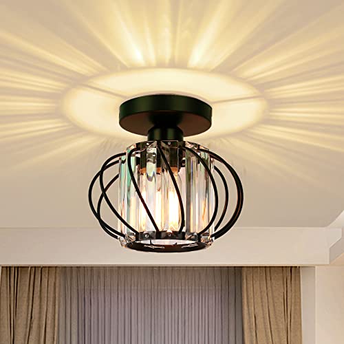 Semi Flush Mount Ceiling Light - Mini Crystal Ceiling Lighting Fixture Modern E26 Small Chandelier for Hallway Porch Entryway Foyer Bathroom,Black by FRIDEKO HOME - Used condition - CA$15.93