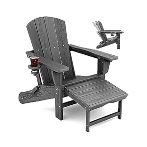 KINGYES Folding Adjustable Adirondack Chair with Retractable Ottoman, HDPE Weather Resistance Oversized Outdoor Chair with Cup Holder, Wood-Like Reclining Versatile Adirondack Chair, Grey