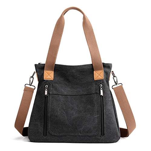 Bolsa Feminina Lona Vintage Bolsa De Ombro Casual Uso Diário Bolsa Feminina De Ombro Bolsa De Mão Com AjustáVel Alça De Ombro (Preto)