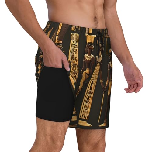 Ancient Egyptian Hieroglyph Print Men's Double Shorts Casual Lightweight Elastic Waist Drawstring Summer Beach Shorts2