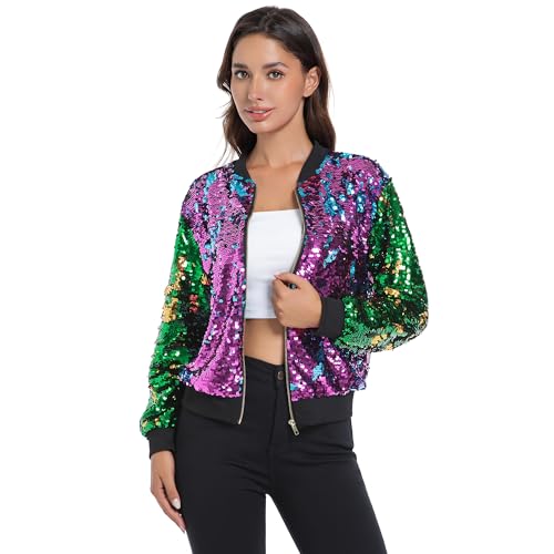 MISI CHAO Womens Sequin Jacket Bomber Glitter Coat 1989 Slitter Outfit Shiny Disco Y2K 90s Streetwear For Concert Party
