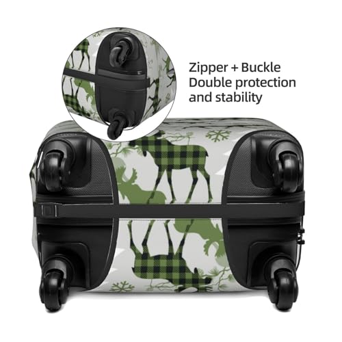 Green Plaid Moose Tree Print Luggage Cover For Suitcase,Washable Elastic Travel Suitcase Protector With Zipper Closure And Bottom Buckle – Fits 18-32" Luggage-Large2