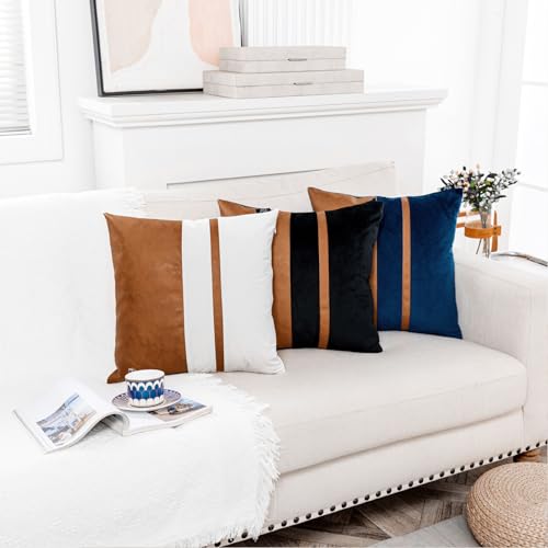 Vfuty Set of 2 Cream White and Brown Decorative Throw Pillow Covers 18x18 Inch Faux Leather and Velvet Patchwork Pillow Cover,Modern Farmhouse Pillow Case for Living Room Couch Bed Boho Home Decor by Vfuty - Used condition - Image 5
