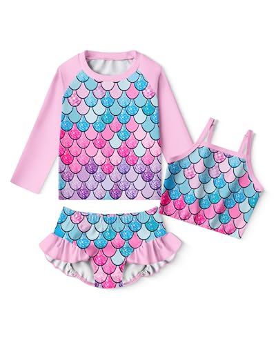 Image of LQSZ Girls Rash Guard Sets Long Sleeves Swimsuit 3 Pieces Tankini Bathing Suit Swimwear for Girls 3-12 Years