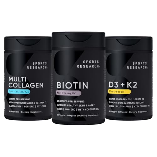 Sports Research® Supplements for Women Pack - Biotin 10,000mcg + Multi Collagen Pills Collagen Peptides (Type I, II, III, V, X) Enhanced with Hyaluronic Acid &