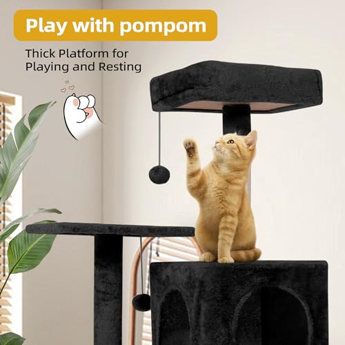 Image of 54inch Large Cat Tree Tower Condo with Hammock for Indoor Cats, Soft Plush Multi-Level Climbing Tree Cat House with Cat Cave, Scratching Post, Sisal Rope, Black