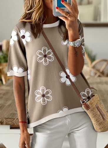 Image of Dokotoo Womens Tops 2026 Casual Summer Crewneck Short Sleeve Striped Color Block Knit High Low Trendy Pullover Sweaters