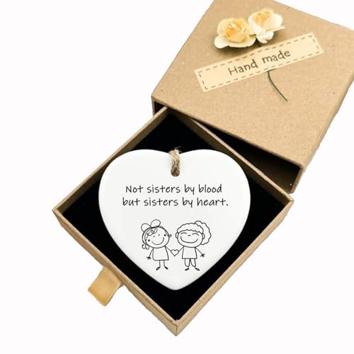 Not Sister by Blood but Sisters by Heart, Acrylic Heart Plaque with Gift Box, Inspirational Hanging Wall Decor, Positive Message, Heartwarming Gift for Friends, Women, Birthday, Keepsake (White)