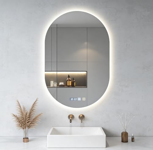 Viugreum Specchio da bagno con illuminazione 50x75cm, Specchio da bagno ovale a LED, Dimmerabile 3 colori della luce, Antiappannamento, Orologio, Interruttore touch, Specchio da bagno LED con