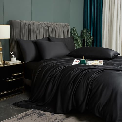 DXHOME Ropa de cama de bambú de 135 x 200 cm, 4 piezas, color negro, liso, liso, de verano, fibra de bambú, transpirable, refrescante, con cremallera y 2 fundas de almohada de 80 x 80 cm