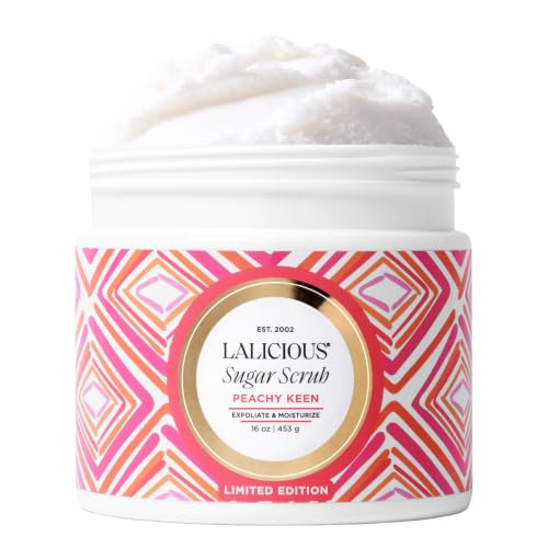 Image of LALICIOUS Peachy Keen Exfoliating & Moisturizing Body Scrub | Sugar & Coconut Oil | Pre-Shave Scrub for Ingrown Hairs & Razor Bumps | Gently Buffs & Smooths Sensitive Skin | No Parabens | Large 16oz
