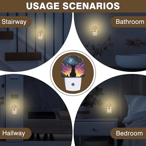 Image of Van Gogh Starry Night Night Light, Black Cat Night Lights Plug into Wall Dusk to Dawn Sensor Round Nightlight for Women Men Energy Efficient Led Lamp 0.5W for Stairway Hallway Bedroom