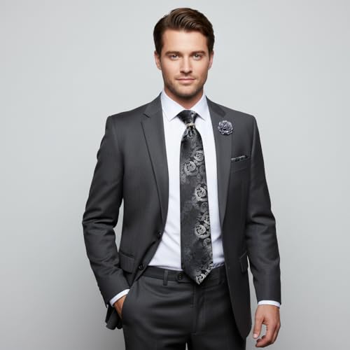 Image of 5PCS Mens Premium Silk Tie, Pocket Square, Cufflinks, Drilled Tie Ring and Lapel Pin Set for Wedding Groom Party