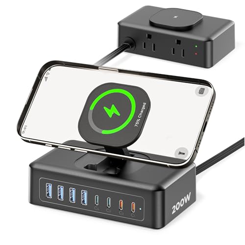 200W USB Charging Station, 11-in-1 USB C Power Strip Surge Protector, 2AC Outlets & 8USB Ports, 5ft Flat Plug Extension Cord with Multiple Devices, Desktop Charger for Home Office Desk Accessories