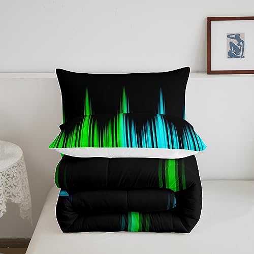 Image of Teel Blue and Green Comforter Set Queen Size, Abstract Ombre Comforter Ombre Striped Comforter for Kids Boys Girls Ombre Duvet Set Breathable Bed Set 3Pcs