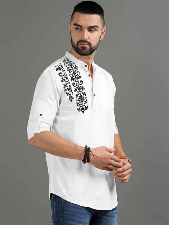 Image of FINIVO FASHION Men's Regular Fit Cotton Blend Kurta Shirt | Full Sleeve Ethnic Shirt with Mandarin Collar and Button Placket | Casual Kurta for Daily and Traditional Use