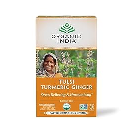 Organic India Tulsi Turmeric Ginger Herbal Tea – Holy Basil, Stress Relieving & Harmonizing, Immune Support, Healthy Inflammatory Response, Aids Digestion, Caffeine-Free – 18 Infusion Bags, 1 Pack