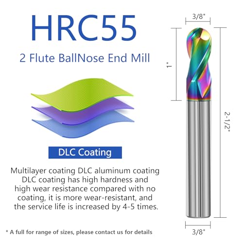 Image of 3 /8 inch Solid Carbide Ball Nose End Mill 2Flute DLC Coated HRC55 CNC Milling Cutter Bits for Copper & Aluminum Alloys