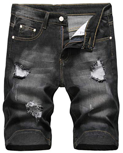 Grimgrow Ripped Short Jeans for Men, Stretch Mid Waist Distressed Knee Length Skinny Casual Denim Shorts Black 34