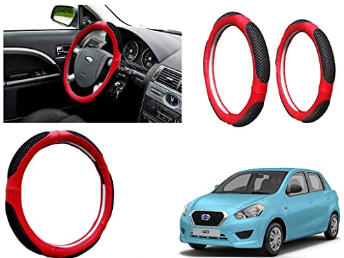 Image of Microfiber Car Steering Wheel Cover, Soft Padding Great Hand Feel, Anti-Slip, Faux Leather Steering Cover for Datsun Go | Black Red Jali - Pack of 1