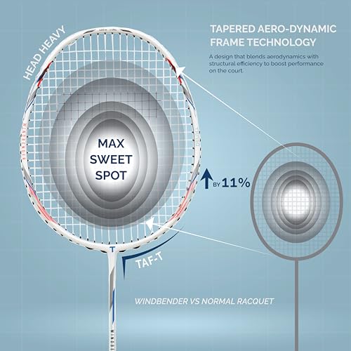 Image of TANSO Windbender Full Graphite Ultra Light Weight Badminton Racquet with T-Blast Badminton Kit Bag (32 Lbs Tension, 680 mm Long, 77 Grams, Strung with Premium Strings)