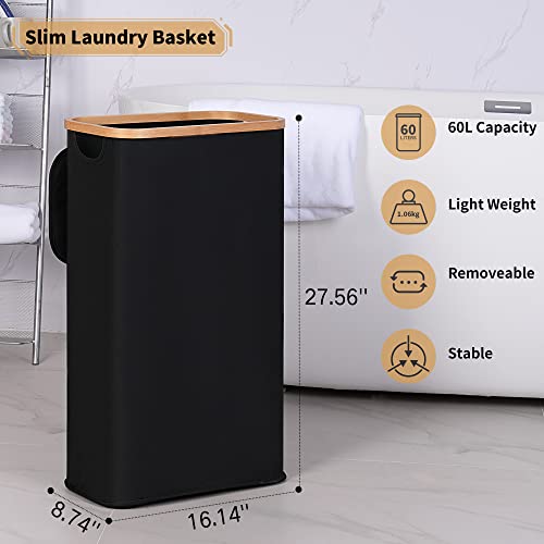 Iegrow 60L Slim Laundry Hamper With Lid,Black Hampers For Laundry,Narrow Laundry Basket With Removable Inner Bag & Bamboo Handles,Tall Thin Clothes Hamper For Clothes Toys Towels Organization #TOP1