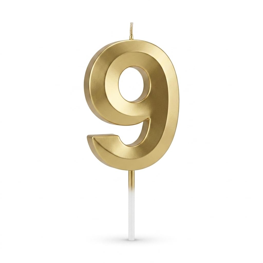 Balloonistics Gold Number 9 Birthday Candle - 3D Metallic Cake Topper for 9th Birthday, Anniversary, Party Decoration, Milestone Celebration Cakes