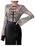 Verdusa Women's Printed Long Sleeve Button Front Fitted Sheer Mesh Crop Tee Top Beige Medium