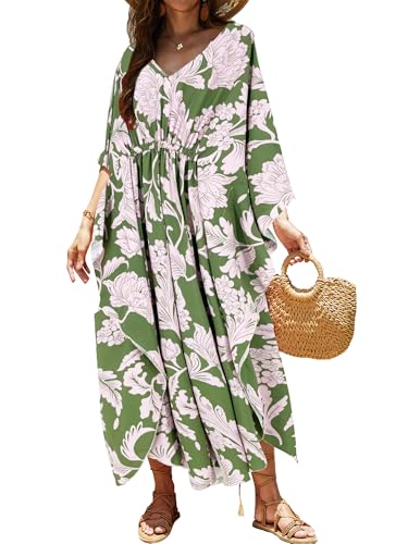 Image of Moss Rose Kaftan Dresses for Women V Neck Summer Swimsuit Cover up Caftan Maxi Beach Dresses