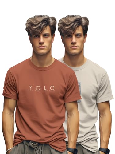 Image of BULLMER Trendy Printed Cotton Blend Crew Neck /Round Neck Half Sleeve Tshirt for Men- Pack of 2